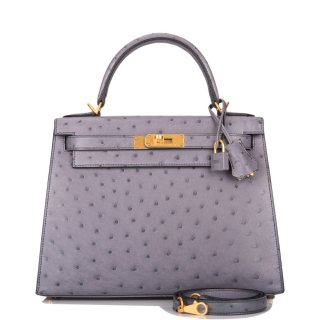 Hermes HSS Bi-Color Gris Agate and Gris Perle Ostrich Sellier Kelly 28cm Brushed Gold Hardware